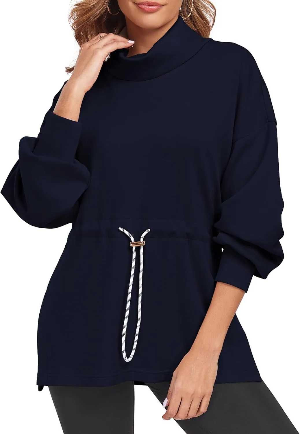 FUPHINE Womens Turtleneck Sweatshirt Oversized Long Sleeve Pullover Tops Side Slit Soft Hoodie with Drawstring Waist