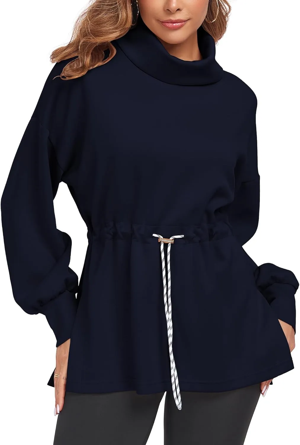 FUPHINE Womens Turtleneck Sweatshirt Oversized Long Sleeve Pullover Tops Side Slit Soft Hoodie with Drawstring Waist