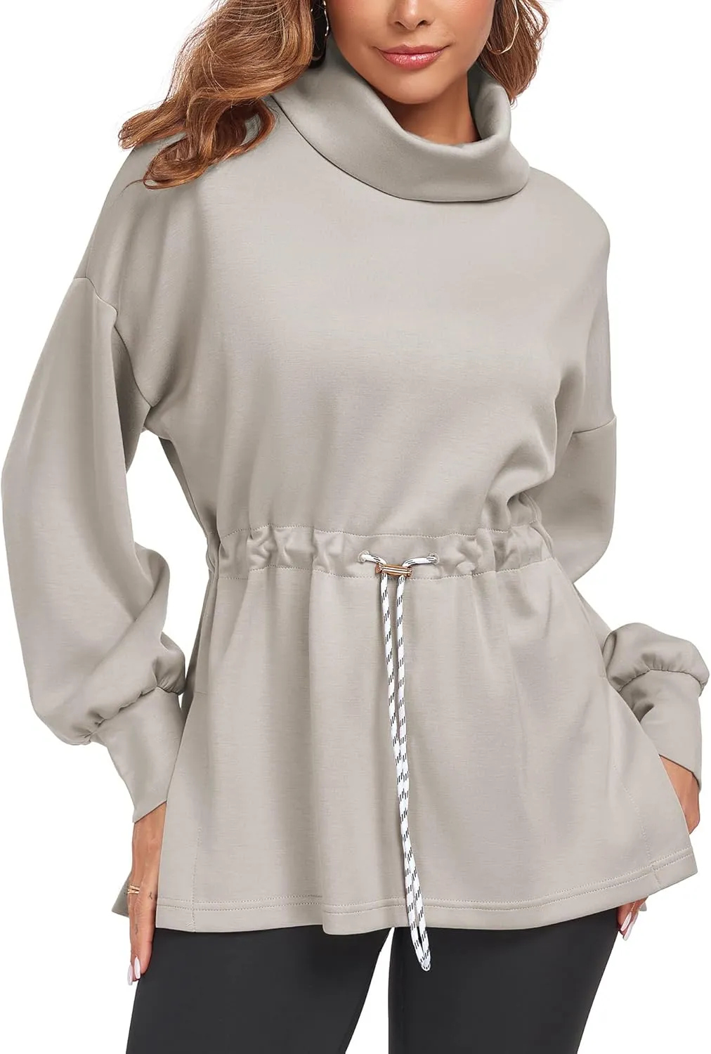 FUPHINE Womens Turtleneck Sweatshirt Oversized Long Sleeve Pullover Tops Side Slit Soft Hoodie with Drawstring Waist