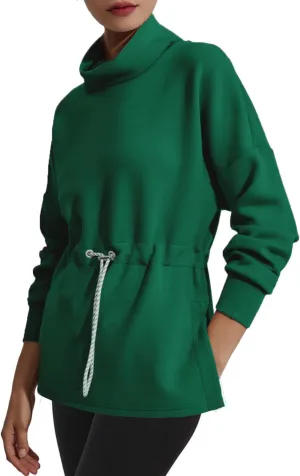 FUPHINE Womens Turtleneck Sweatshirt Oversized Long Sleeve Pullover Tops Side Slit Soft Hoodie with Drawstring Waist