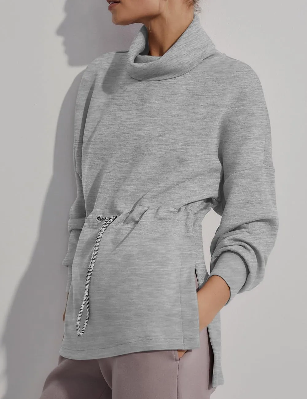 FUPHINE Womens Turtleneck Sweatshirt Oversized Long Sleeve Pullover Tops Side Slit Soft Hoodie with Drawstring Waist