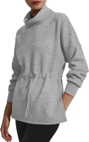 FUPHINE Womens Turtleneck Sweatshirt Oversized Long Sleeve Pullover Tops Side Slit Soft Hoodie with Drawstring Waist