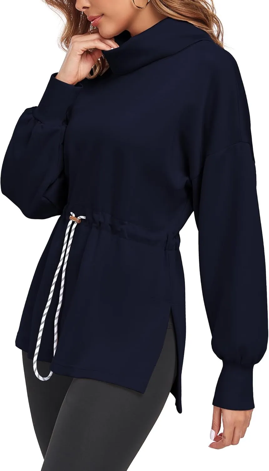 FUPHINE Womens Turtleneck Sweatshirt Oversized Long Sleeve Pullover Tops Side Slit Soft Hoodie with Drawstring Waist