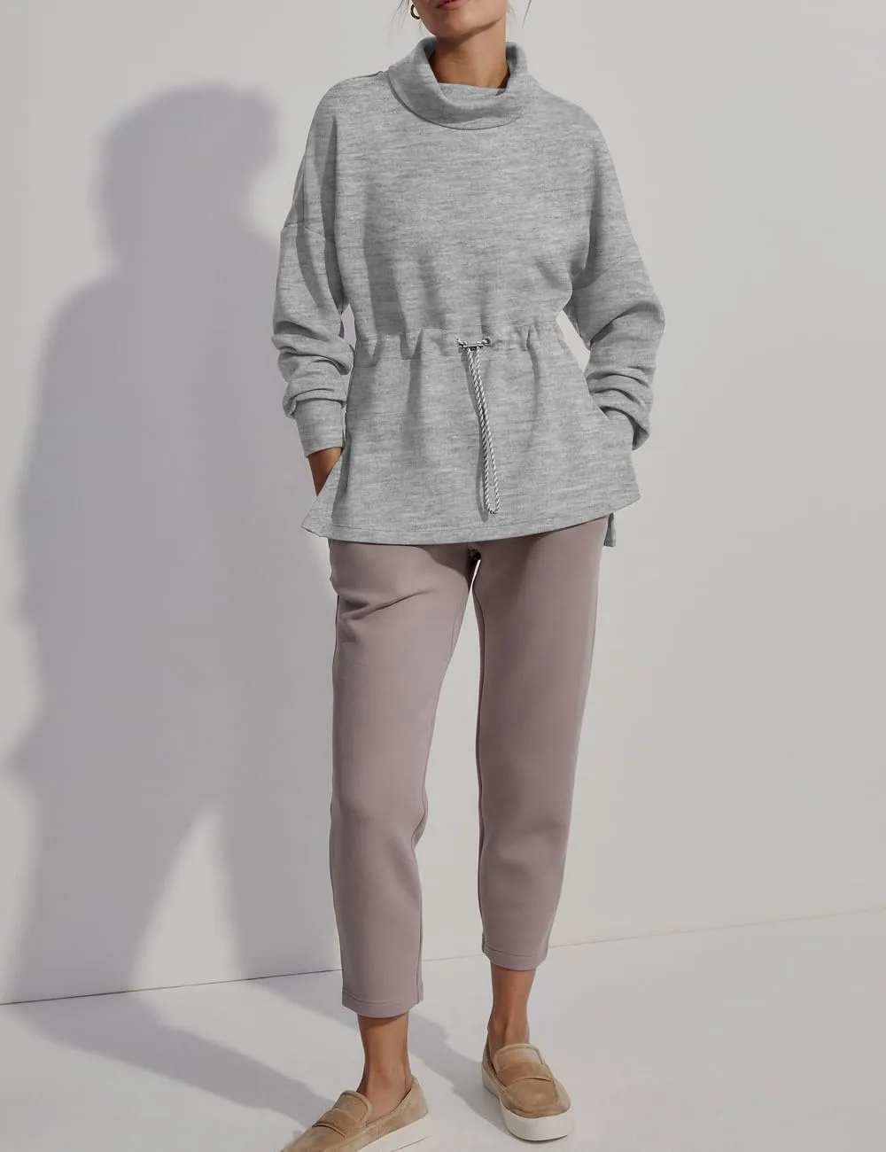 FUPHINE Womens Turtleneck Sweatshirt Oversized Long Sleeve Pullover Tops Side Slit Soft Hoodie with Drawstring Waist