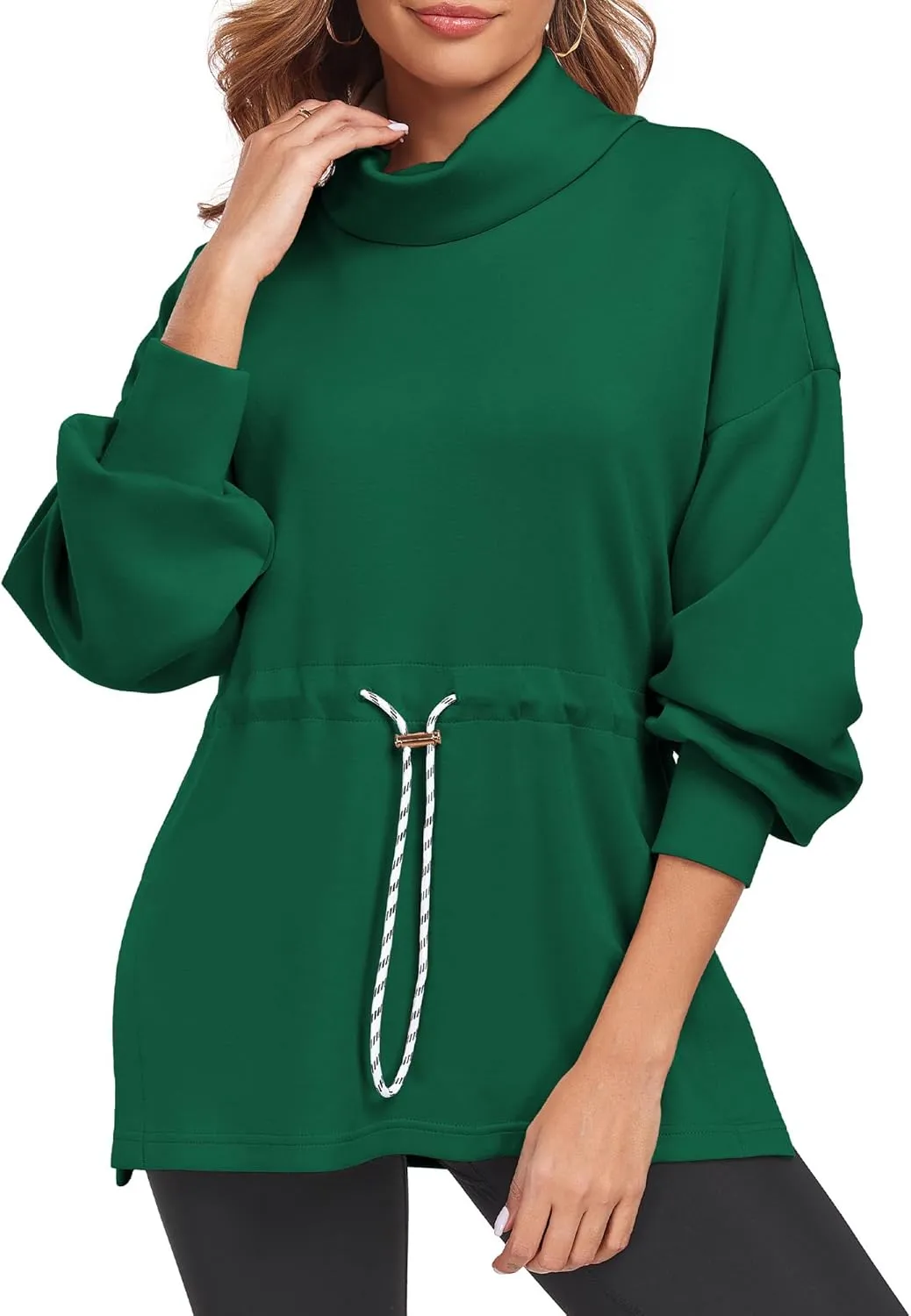 FUPHINE Womens Turtleneck Sweatshirt Oversized Long Sleeve Pullover Tops Side Slit Soft Hoodie with Drawstring Waist