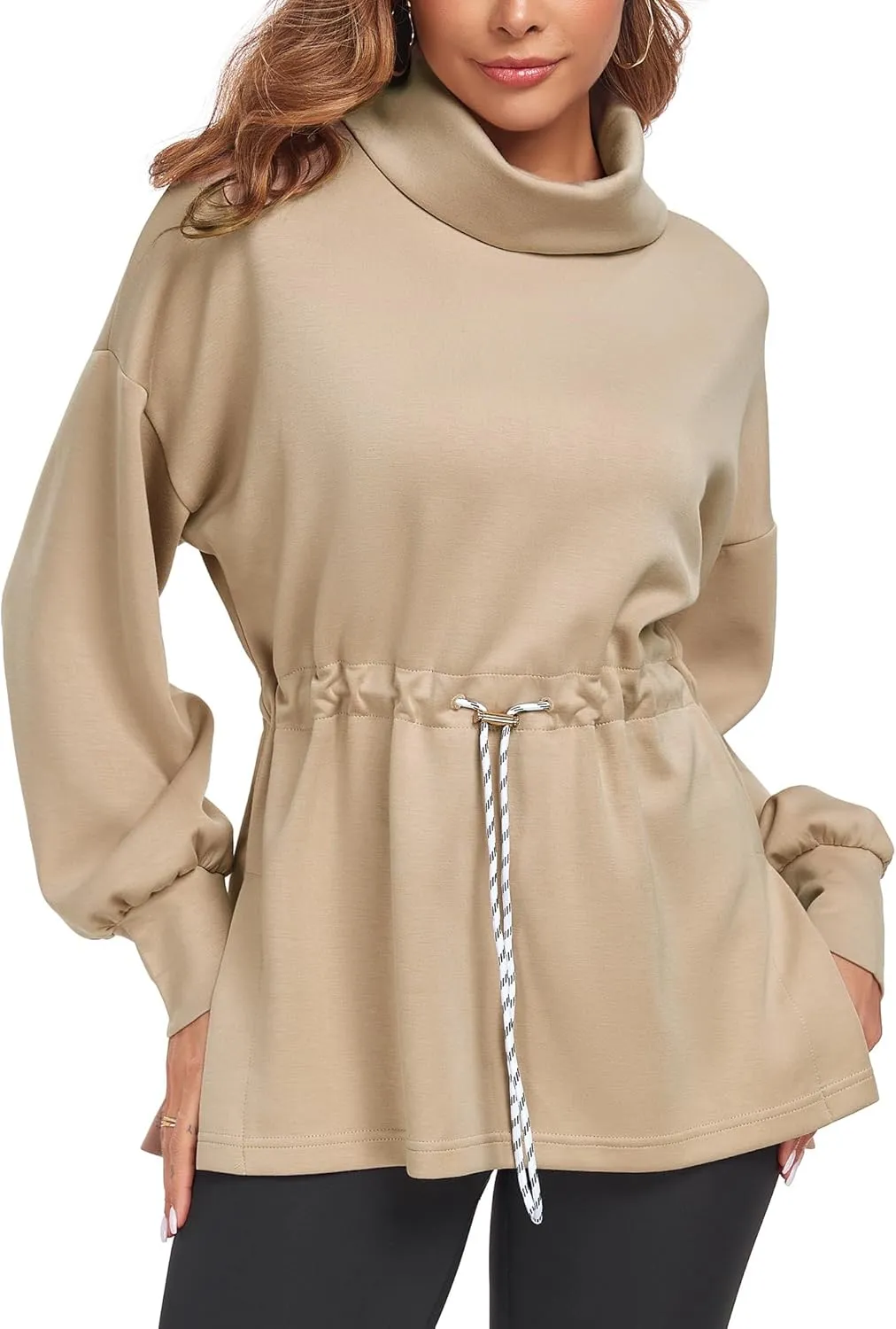 FUPHINE Womens Turtleneck Sweatshirt Oversized Long Sleeve Pullover Tops Side Slit Soft Hoodie with Drawstring Waist