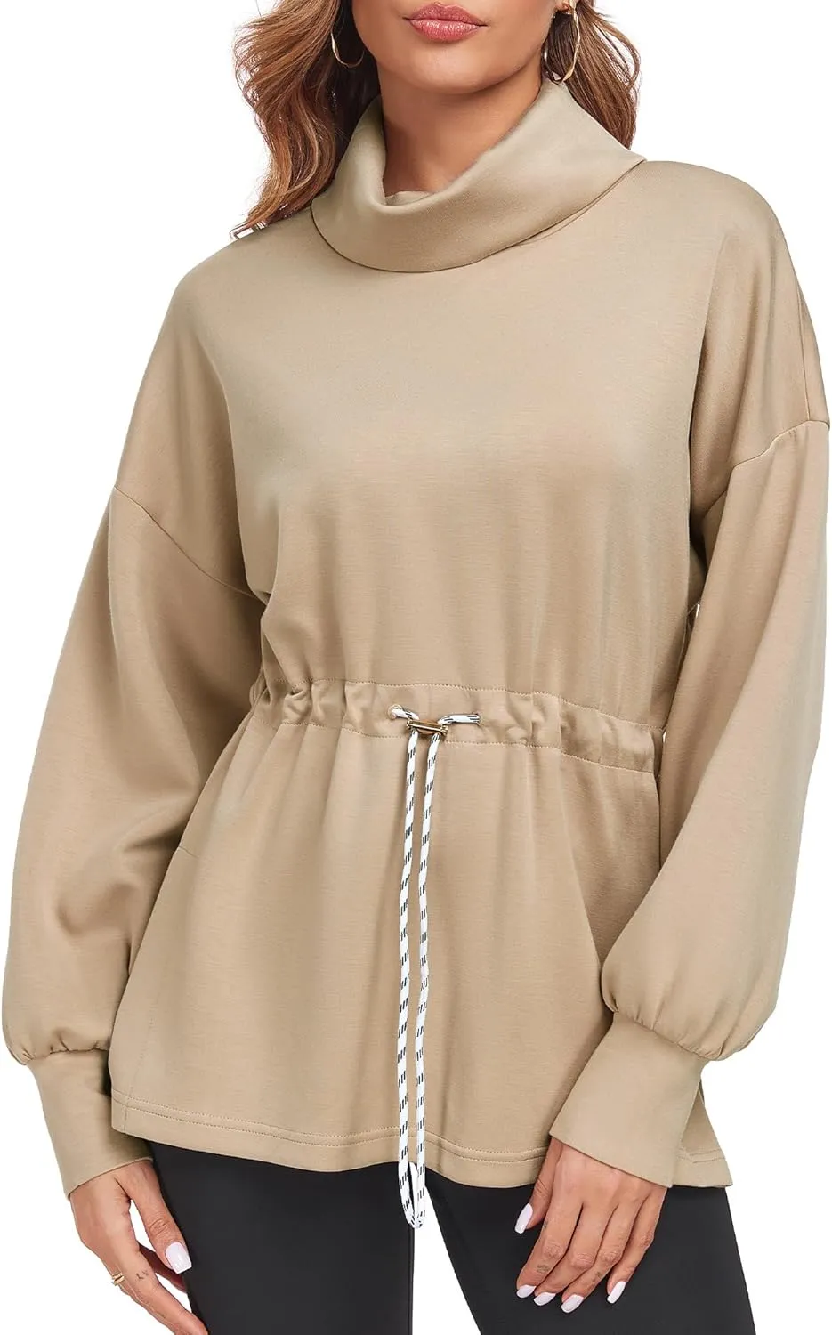 FUPHINE Womens Turtleneck Sweatshirt Oversized Long Sleeve Pullover Tops Side Slit Soft Hoodie with Drawstring Waist