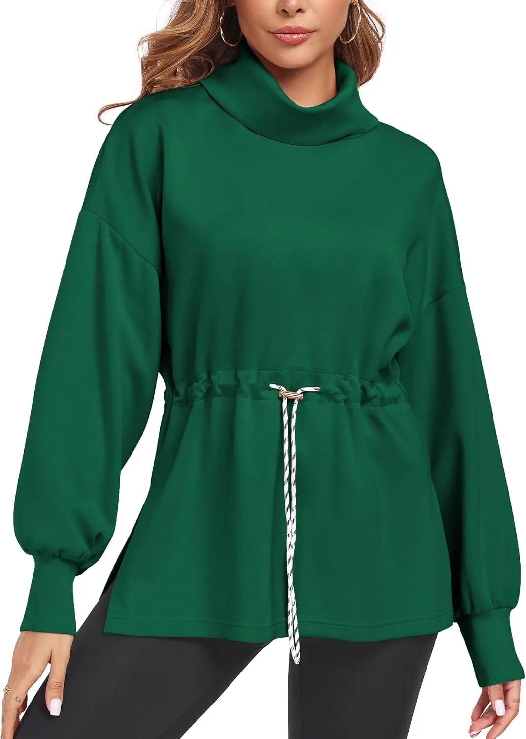 FUPHINE Womens Turtleneck Sweatshirt Oversized Long Sleeve Pullover Tops Side Slit Soft Hoodie with Drawstring Waist
