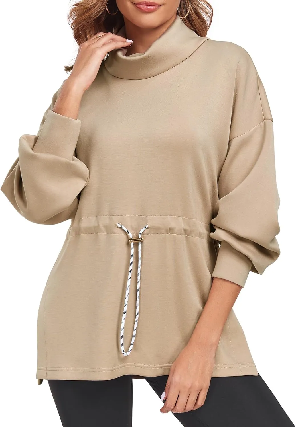 FUPHINE Womens Turtleneck Sweatshirt Oversized Long Sleeve Pullover Tops Side Slit Soft Hoodie with Drawstring Waist