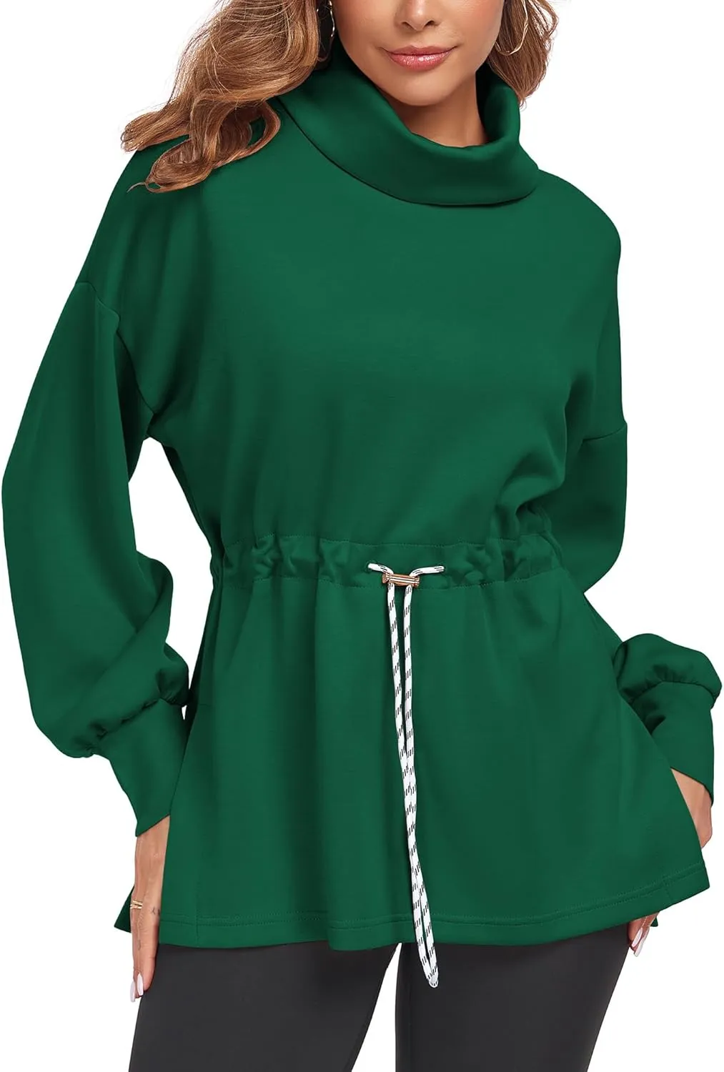 FUPHINE Womens Turtleneck Sweatshirt Oversized Long Sleeve Pullover Tops Side Slit Soft Hoodie with Drawstring Waist