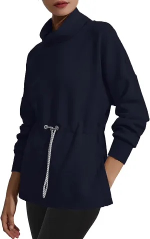 FUPHINE Womens Turtleneck Sweatshirt Oversized Long Sleeve Pullover Tops Side Slit Soft Hoodie with Drawstring Waist