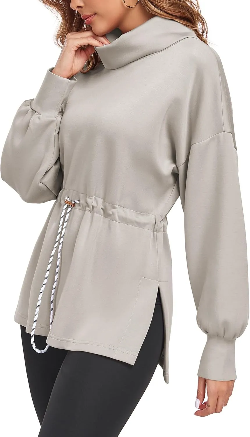 FUPHINE Womens Turtleneck Sweatshirt Oversized Long Sleeve Pullover Tops Side Slit Soft Hoodie with Drawstring Waist