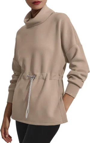 FUPHINE Womens Turtleneck Sweatshirt Oversized Long Sleeve Pullover Tops Side Slit Soft Hoodie with Drawstring Waist