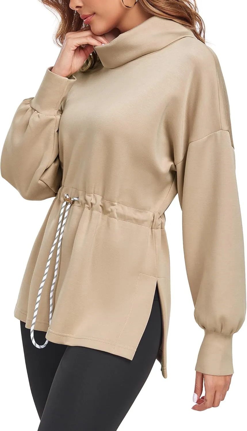 FUPHINE Womens Turtleneck Sweatshirt Oversized Long Sleeve Pullover Tops Side Slit Soft Hoodie with Drawstring Waist
