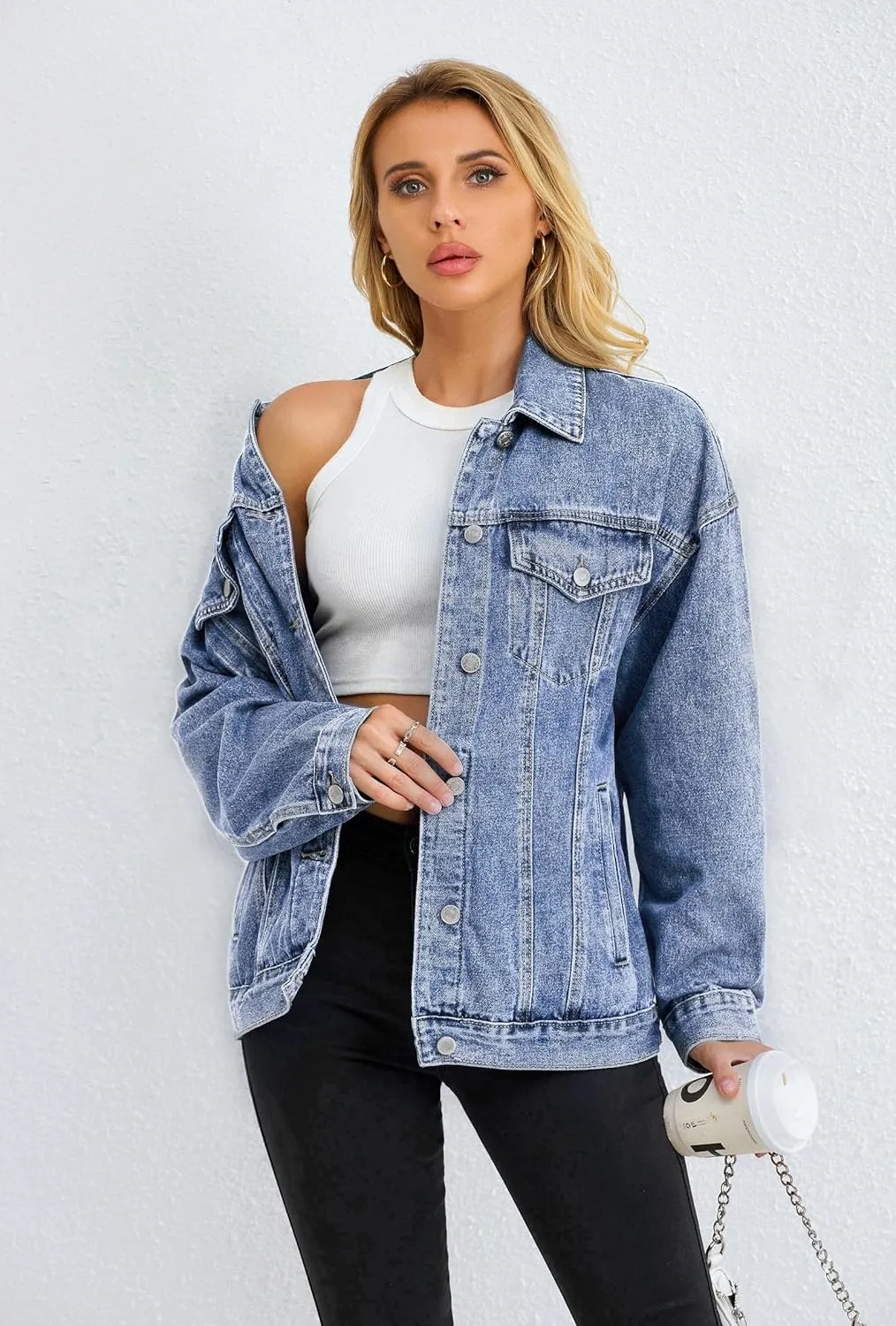 Jean Jacket for Women, Oversize Trendy Denim Jacket, Women's Loose Long Boyfriend Jean Jackets Coat