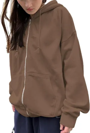 KMBANGI Women Y2k Oversized Zipper Hoodie with Pockets Loose Zip Up Sweatshirts Hooded Jacket Harajuku Trendy Streetwear