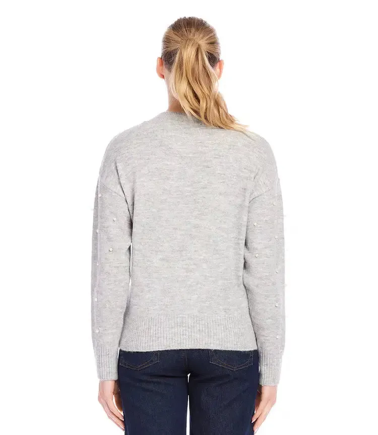 Laurentia Light Heather Gray Pearl Crewneck Sweater - Karen Kane 4L89841