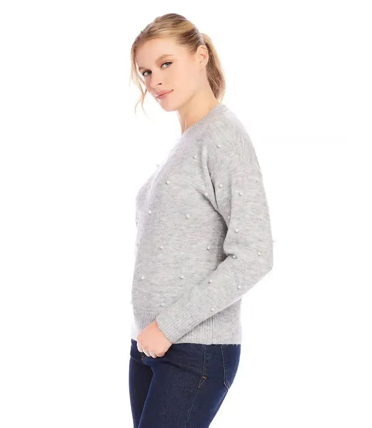 Laurentia Light Heather Gray Pearl Crewneck Sweater - Karen Kane 4L89841