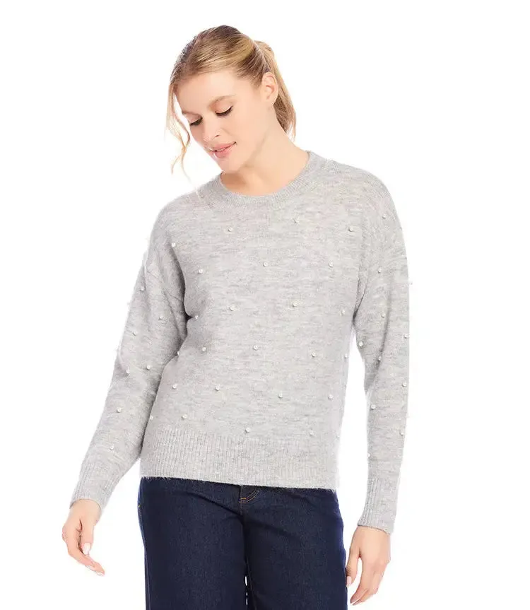 Laurentia Light Heather Gray Pearl Crewneck Sweater - Karen Kane 4L89841