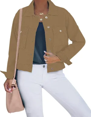 luvamia Denim Jacket for Women Cargo Pocket Lightweight Cropped Jean Jackets Oversized Trucker Shacket Trendy Fashion