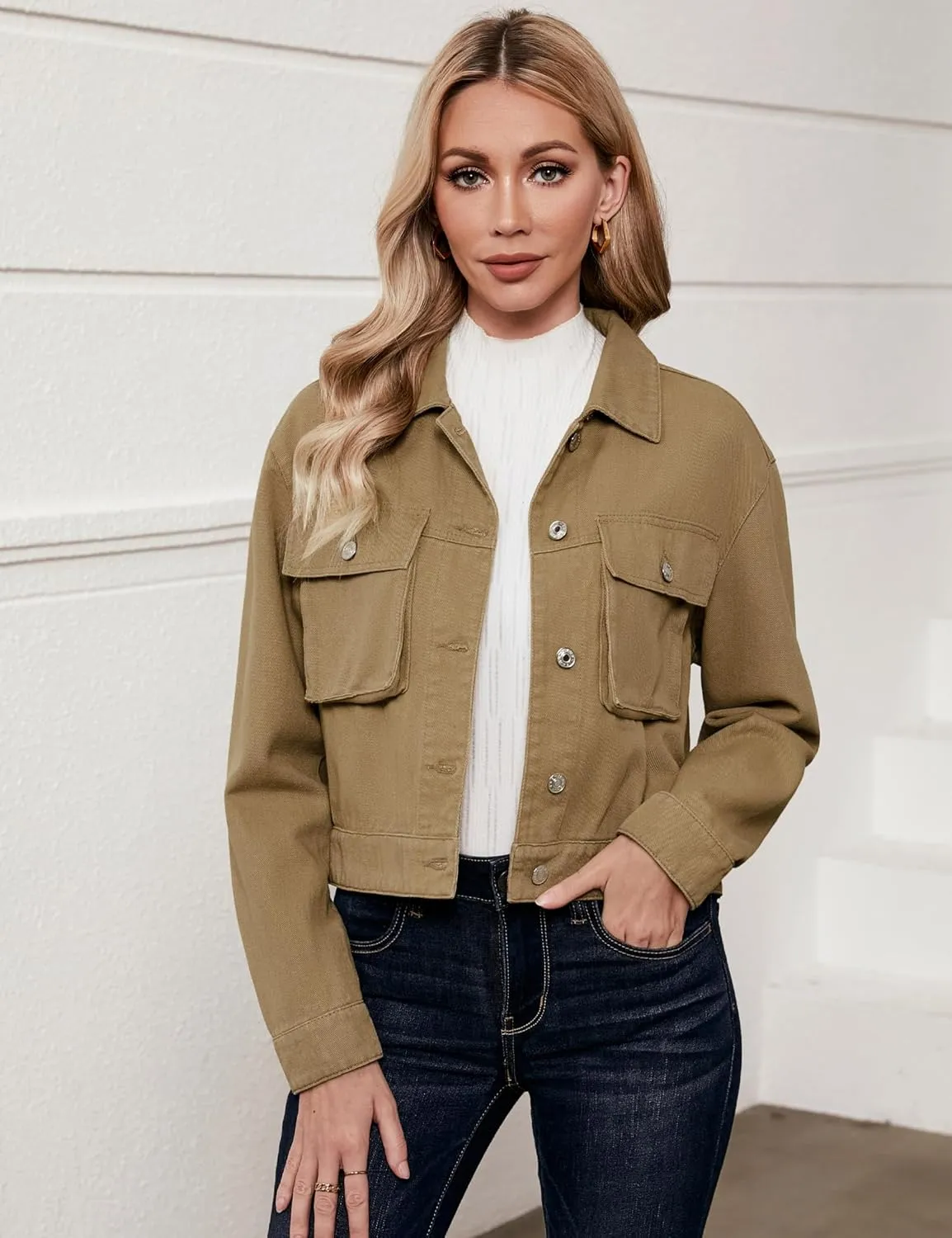 luvamia Denim Jacket for Women Cargo Pocket Lightweight Cropped Jean Jackets Oversized Trucker Shacket Trendy Fashion