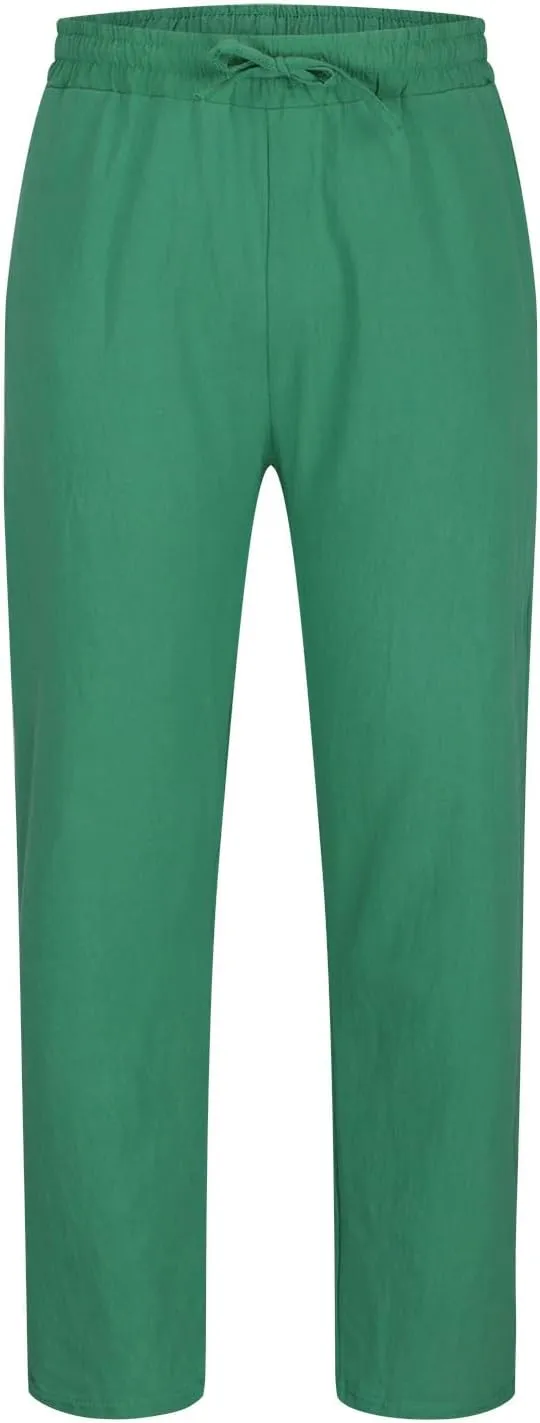 Men's Casual Linen Pants Drawstring Elastic Waist Summer Pants Lightweight Loose Fit Trousers Breathable Work Pants