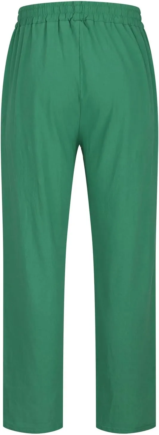 Men's Casual Linen Pants Drawstring Elastic Waist Summer Pants Lightweight Loose Fit Trousers Breathable Work Pants
