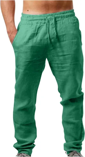 Men's Casual Linen Pants Drawstring Elastic Waist Summer Pants Lightweight Loose Fit Trousers Breathable Work Pants