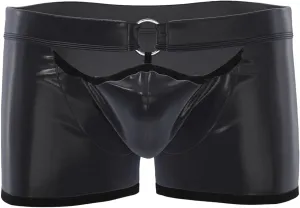 Mens Soft Leather Pouch Trunks Underwear - Sexy Wetlook PVC Boxer Brief Underwear, Black, S-5XL