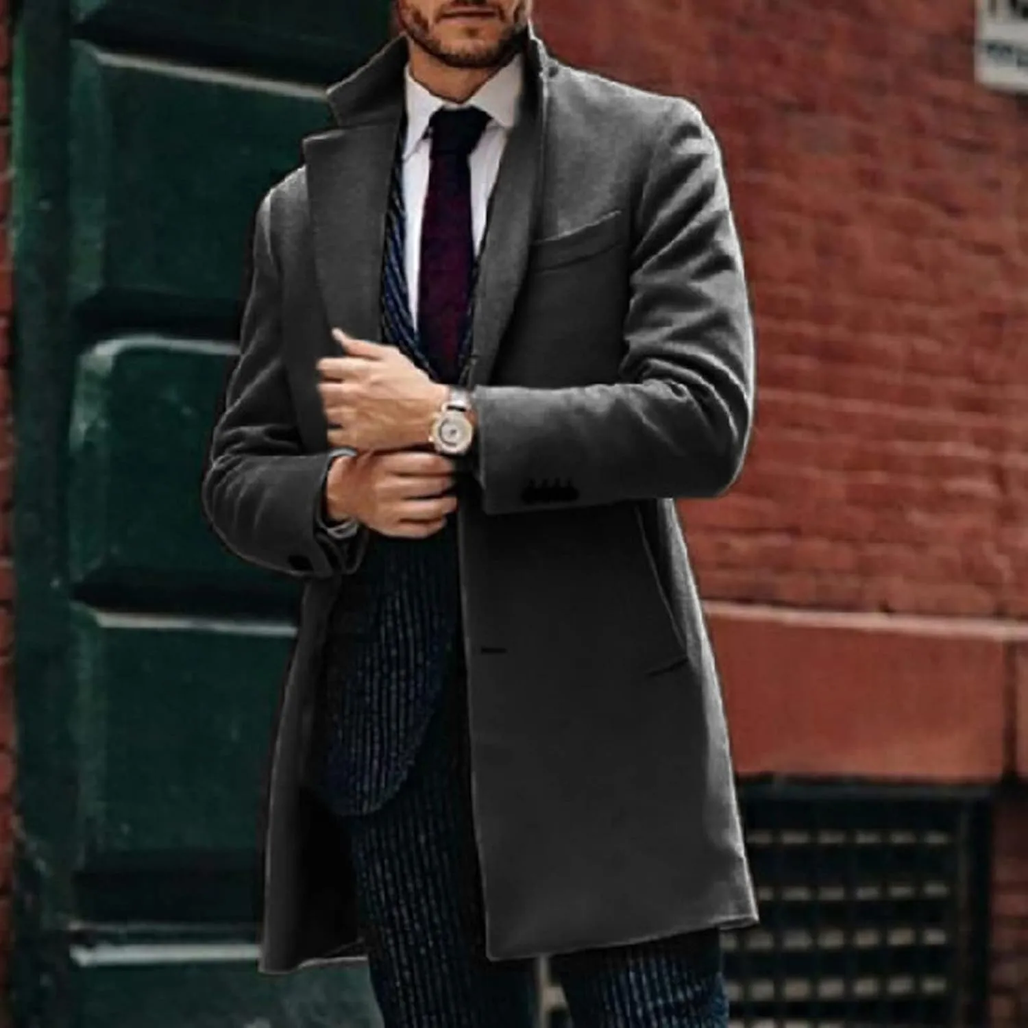 Men's Trench Coat 2024 Trendy Notch Lapel Wool Blend Warm Overcoat Casual Single Breasted Long Jackets