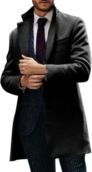 Men's Trench Coat 2024 Trendy Notch Lapel Wool Blend Warm Overcoat Casual Single Breasted Long Jackets