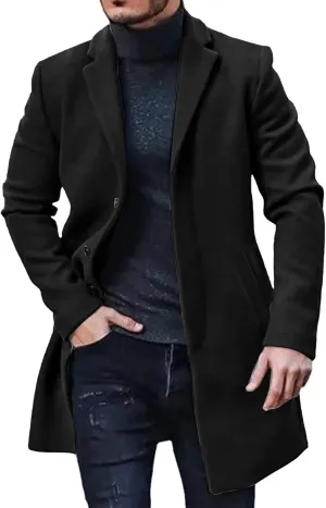Men's Trench Coat 2024 Trendy Notch Lapel Wool Blend Warm Overcoat Casual Single Breasted Long Jackets