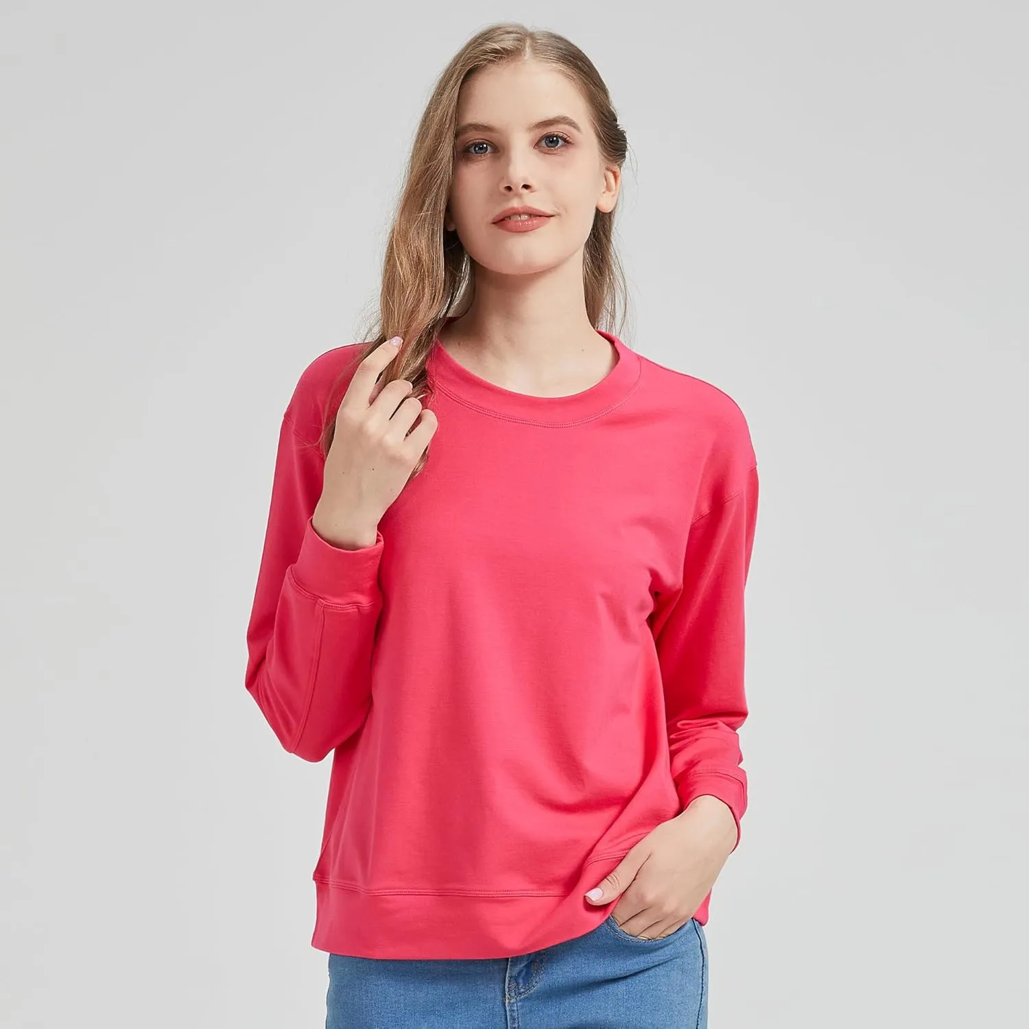 netdraw Women's Midweight Bamboo Viscose Sweatshirt Oversized Soft Crew Neck Cotton French Terry Pullover Tops