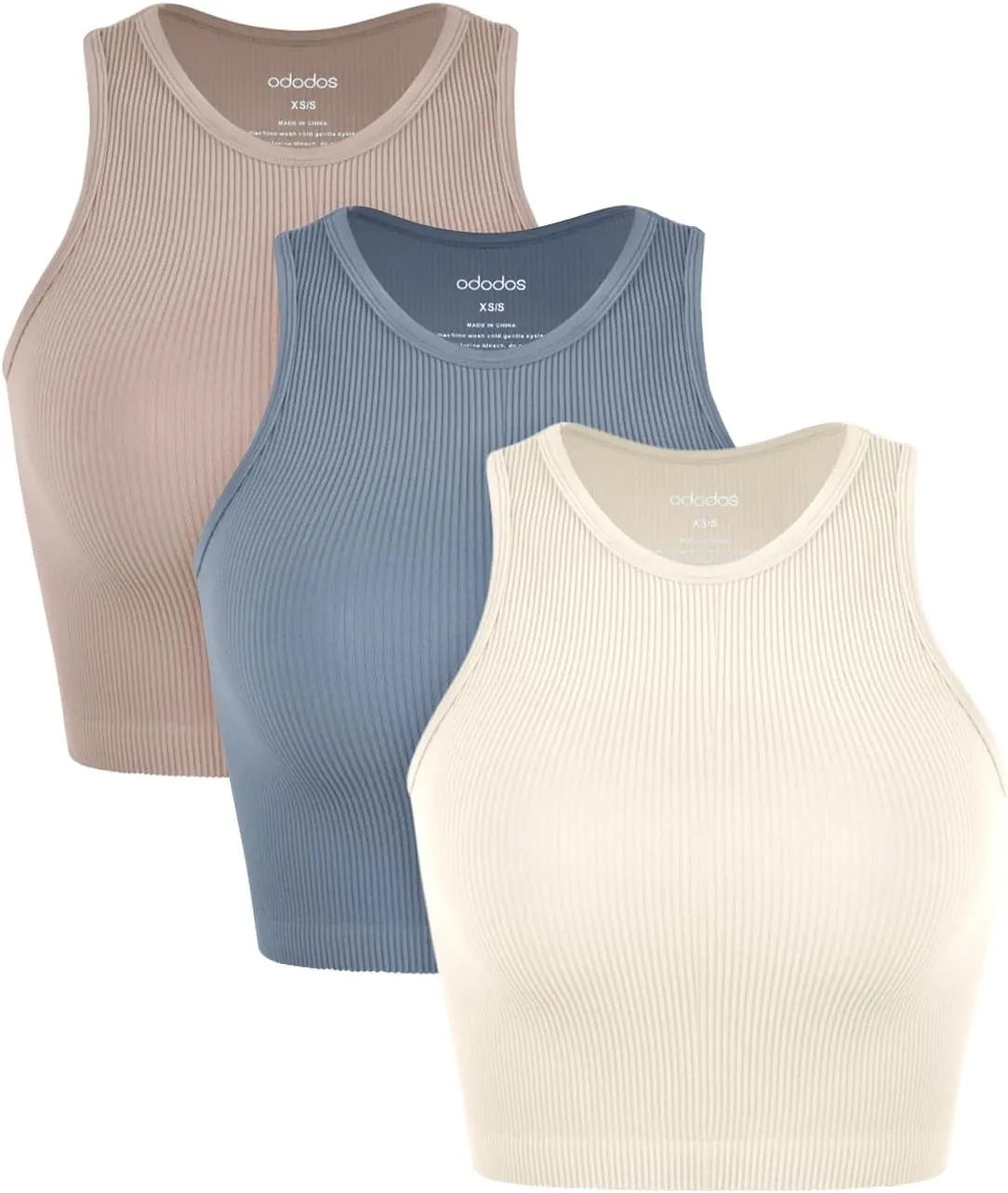 ODODOS 3-Pack Seamless Crop Tank for Women Ribbed Soft High Neck Cropped Tops