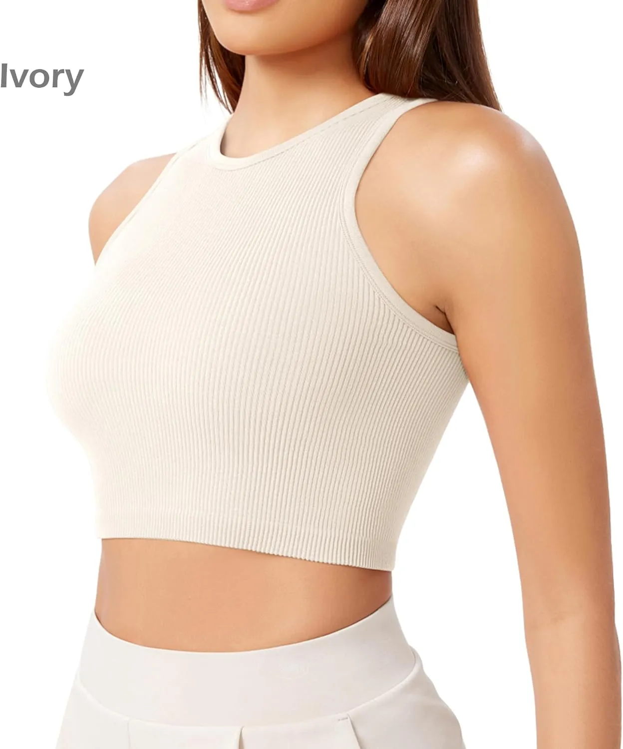 ODODOS 3-Pack Seamless Crop Tank for Women Ribbed Soft High Neck Cropped Tops