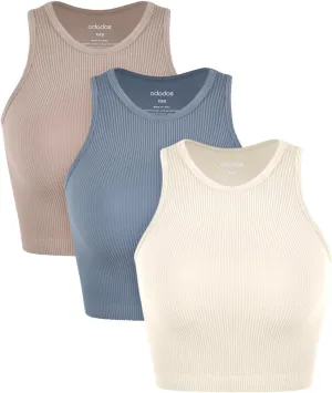 ODODOS 3-Pack Seamless Crop Tank for Women Ribbed Soft High Neck Cropped Tops