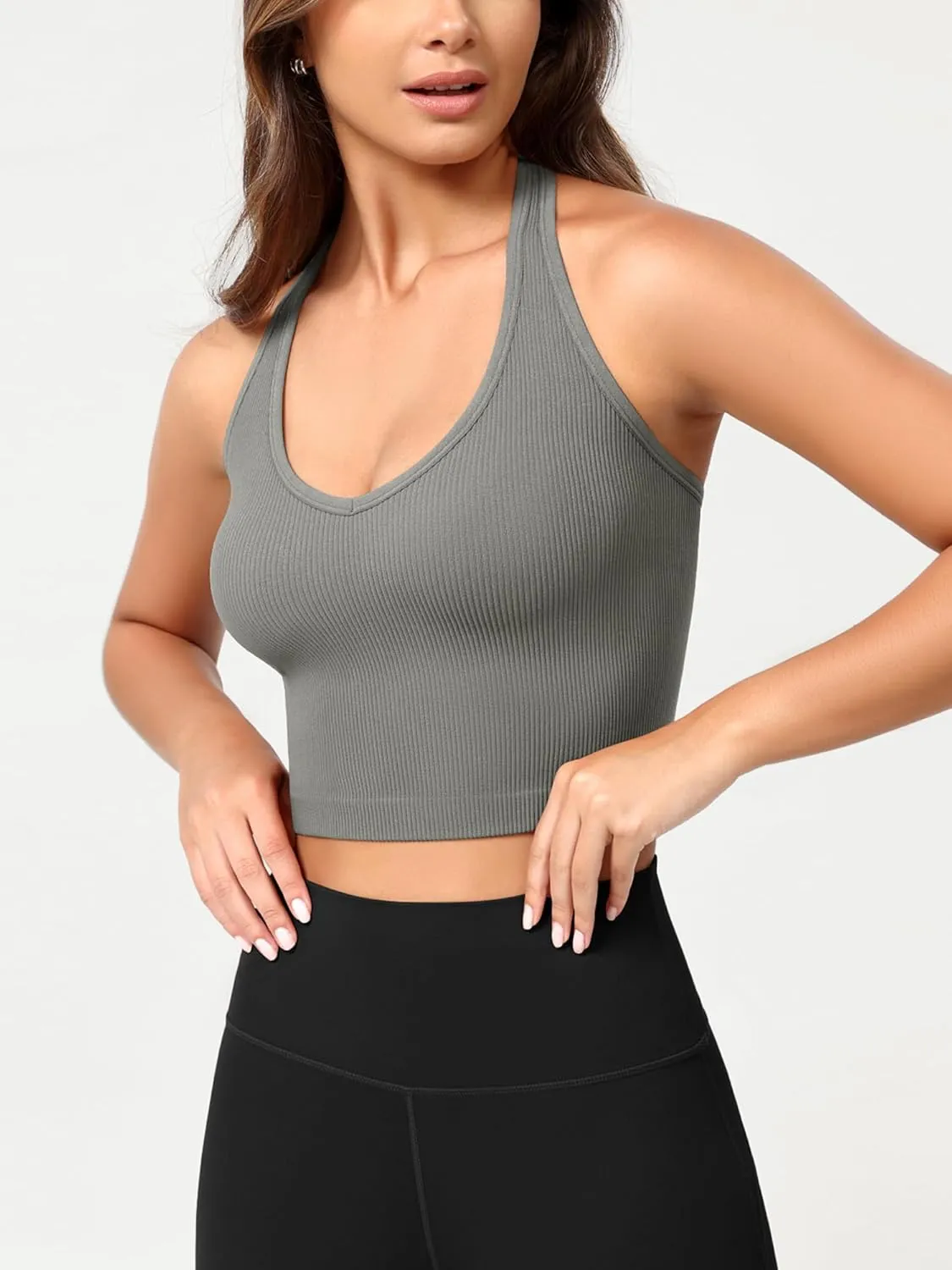 ODODOS Seamless Halter Crop Tops for Women Ribbed Soft V Neck Open Back Cropped Tank Top