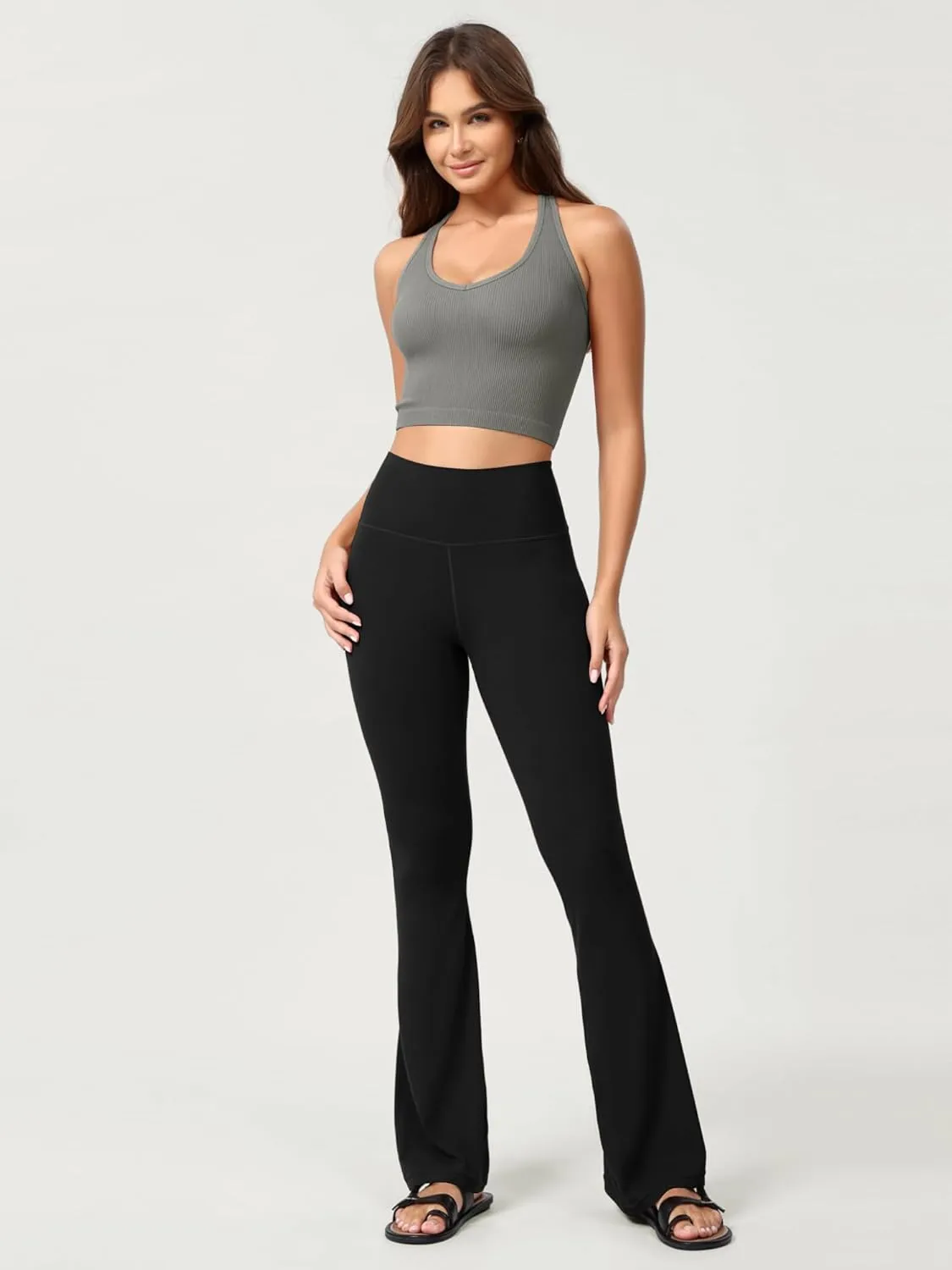 ODODOS Seamless Halter Crop Tops for Women Ribbed Soft V Neck Open Back Cropped Tank Top