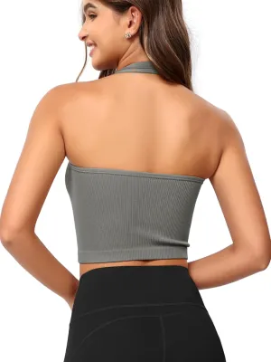 ODODOS Seamless Halter Crop Tops for Women Ribbed Soft V Neck Open Back Cropped Tank Top