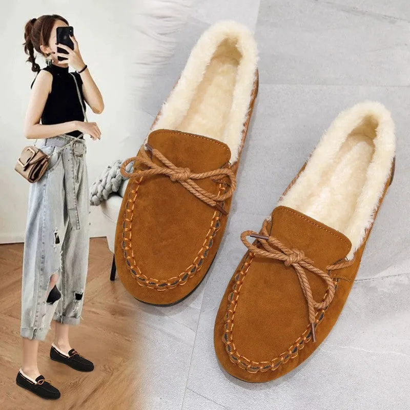 Owlkay Women's Fleece Flat Casual Slip-On Pea Shoes