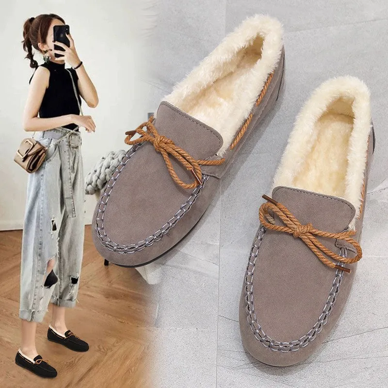 Owlkay Women's Fleece Flat Casual Slip-On Pea Shoes