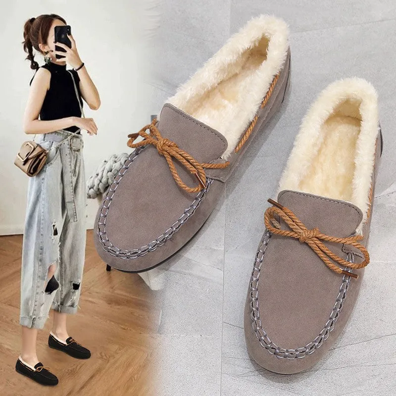 Owlkay Women's Fleece Flat Casual Slip-On Pea Shoes