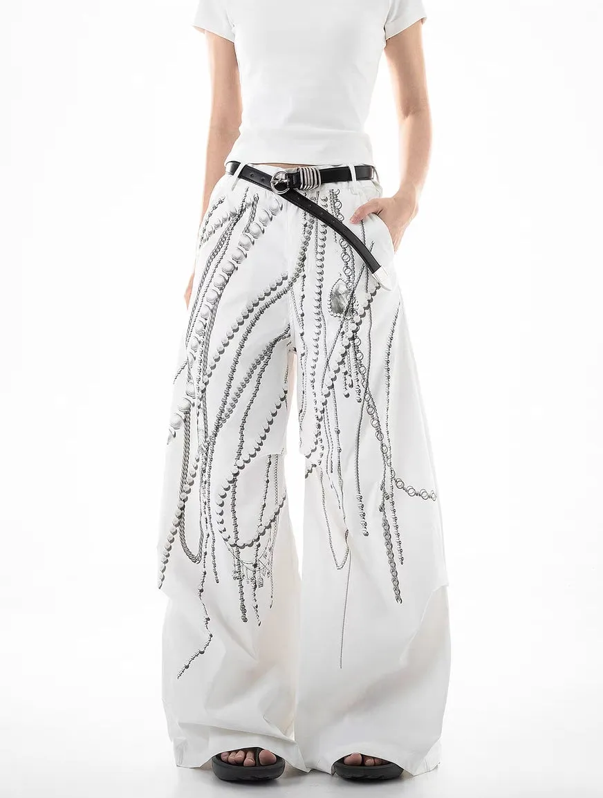 Pearl Chain Print Wide-Leg Pants