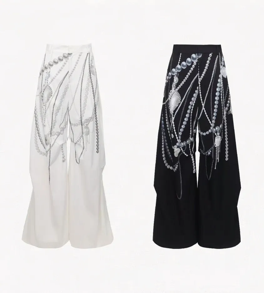Pearl Chain Print Wide-Leg Pants