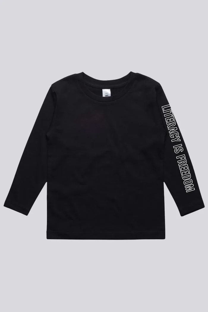 "Literacy is Freedom" Black Cotton Crew Neck Youth Long Sleeve T-Shirt