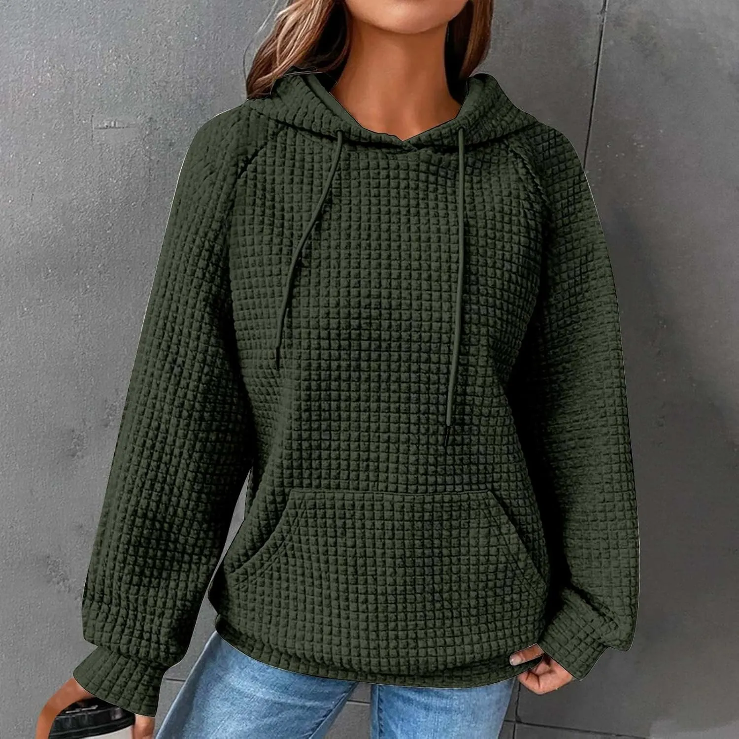 SMIDOW Oversized Hoodies For Women Trendy 2023 Waffle Knit Hooded Sweatshirt Casual Loose Fall Winter Pullover Tops