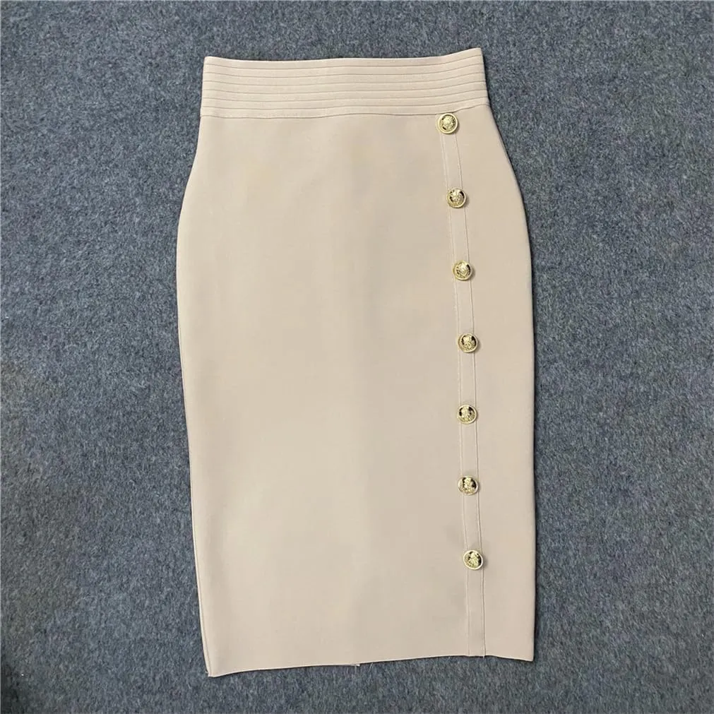 Sorrica Women's Elastic Waist Stretch Midi Pencil Skirt Bodycon Button Decor Skirts with Back Slit