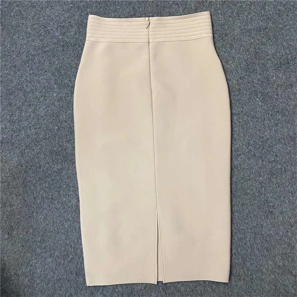Sorrica Women's Elastic Waist Stretch Midi Pencil Skirt Bodycon Button Decor Skirts with Back Slit