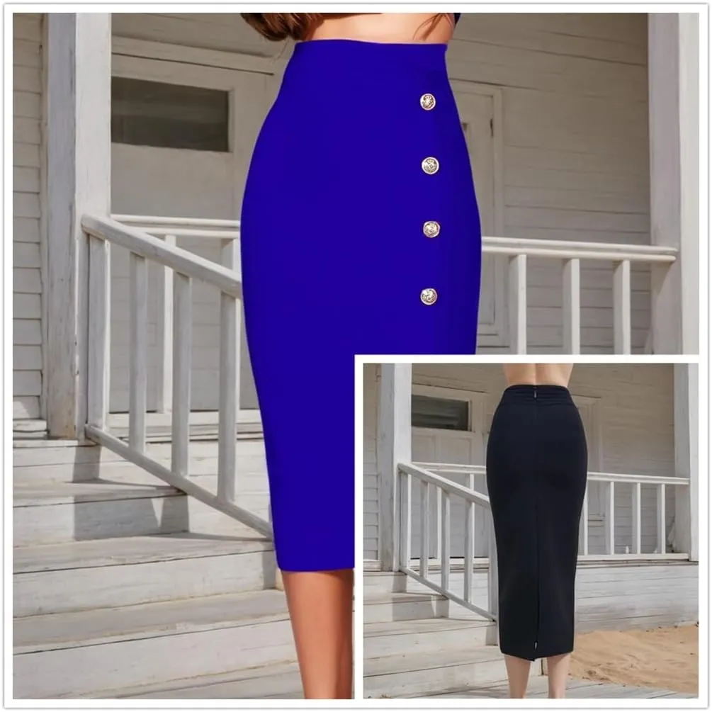 Sorrica Women's Elastic Waist Stretch Midi Pencil Skirt Bodycon Button Decor Skirts with Back Slit