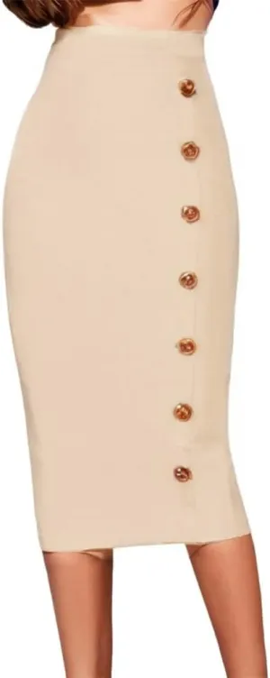 Sorrica Women's Elastic Waist Stretch Midi Pencil Skirt Bodycon Button Decor Skirts with Back Slit